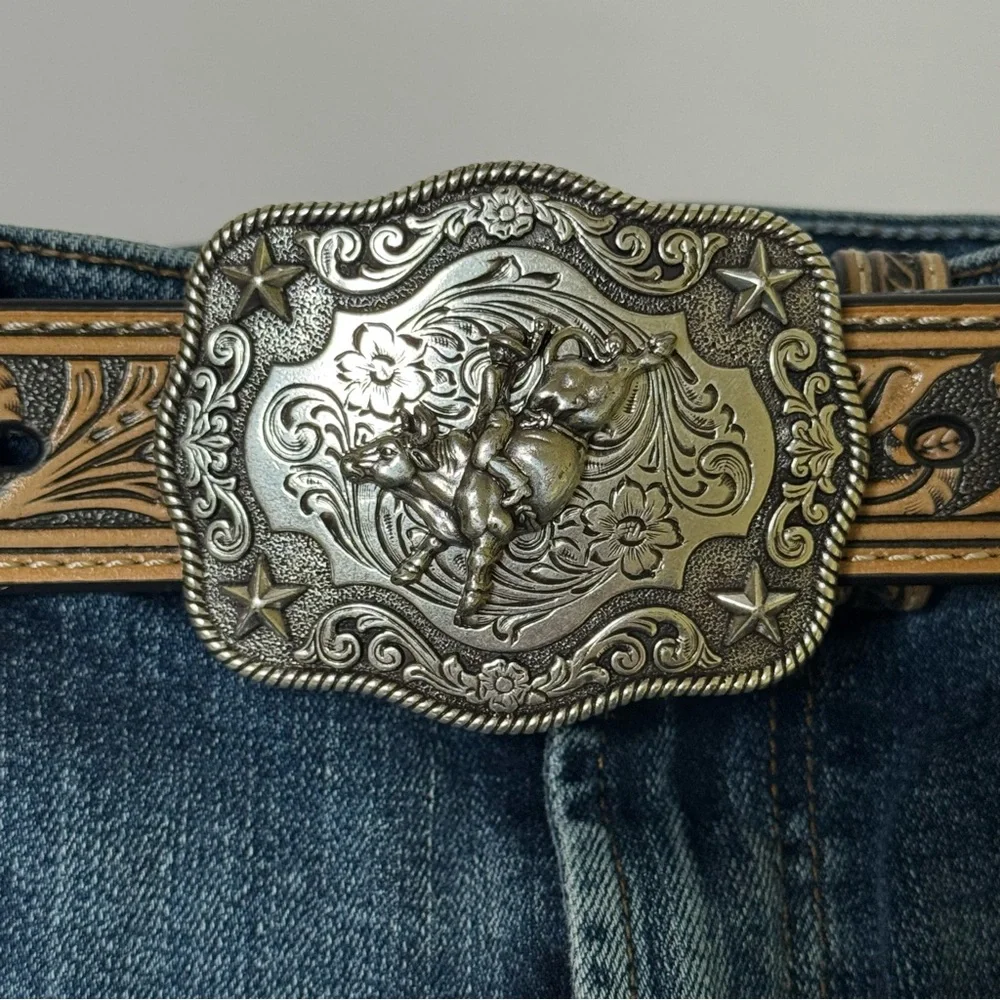 Nocona Boys Western Leather Belt with Bull Rider Buckle
